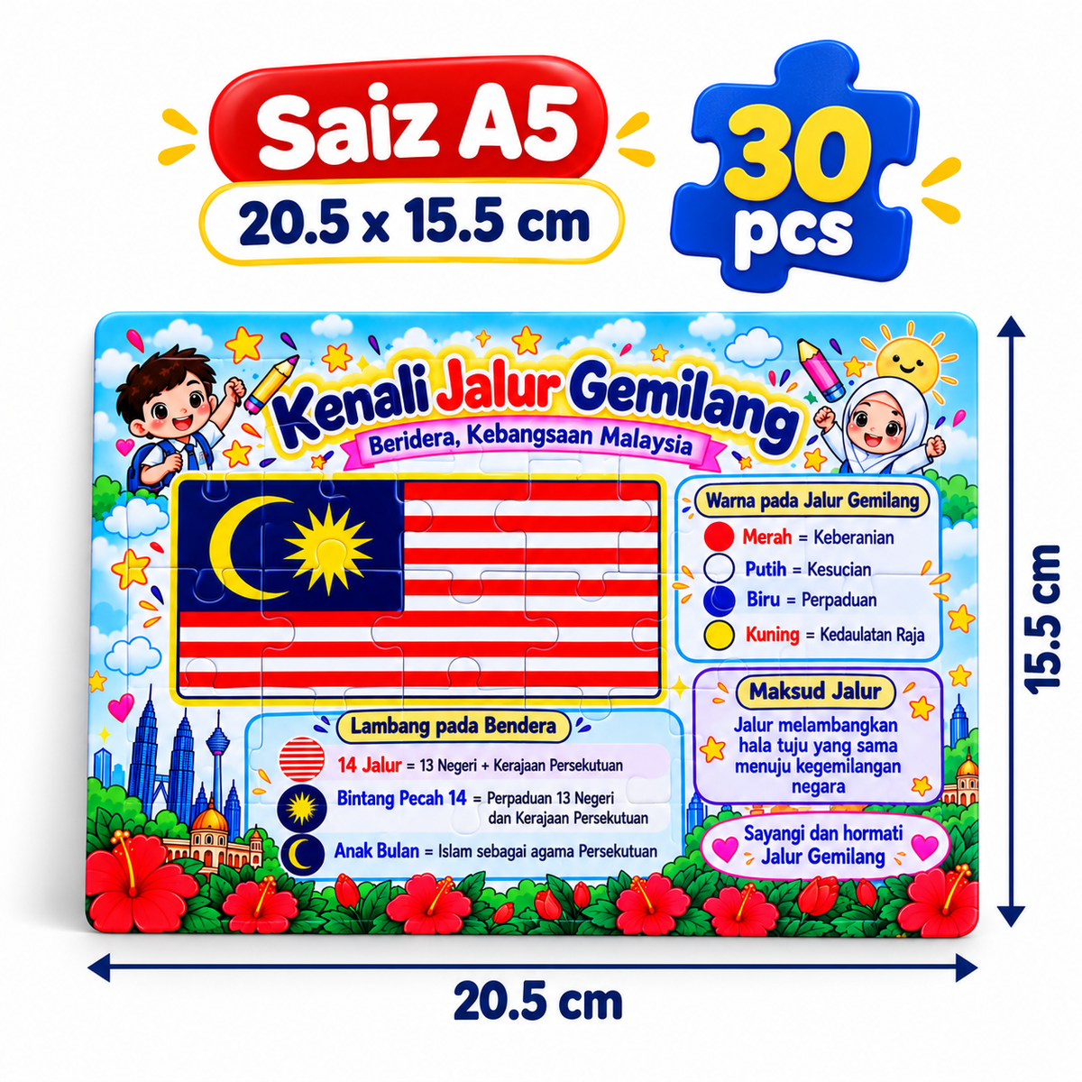 Jigsaw Puzzle Kenali Jalur Gemilang Bendera Malaysia Pendidikan Kanak-Kanak A4 80 pcs A5 30 pcs Dengan Papan Alas Glossy