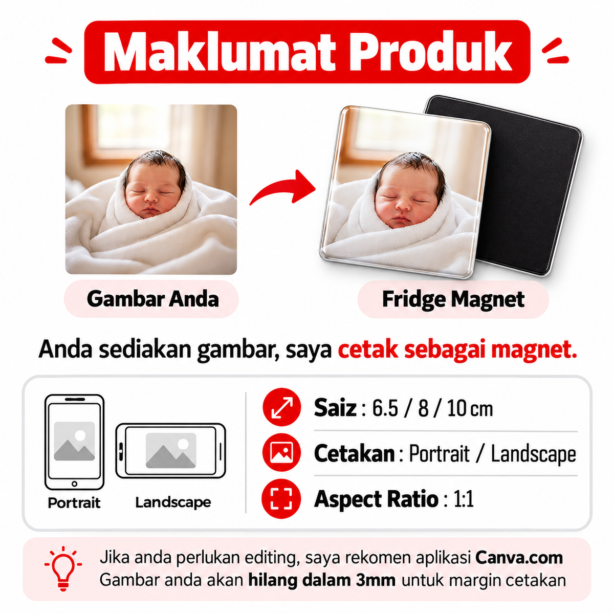 Fridge Magnet Custom Gambar Sendiri | Magnet Peti Ais Personalized Photo | Hadiah Birthday Anniversary Wedding Souvenirs