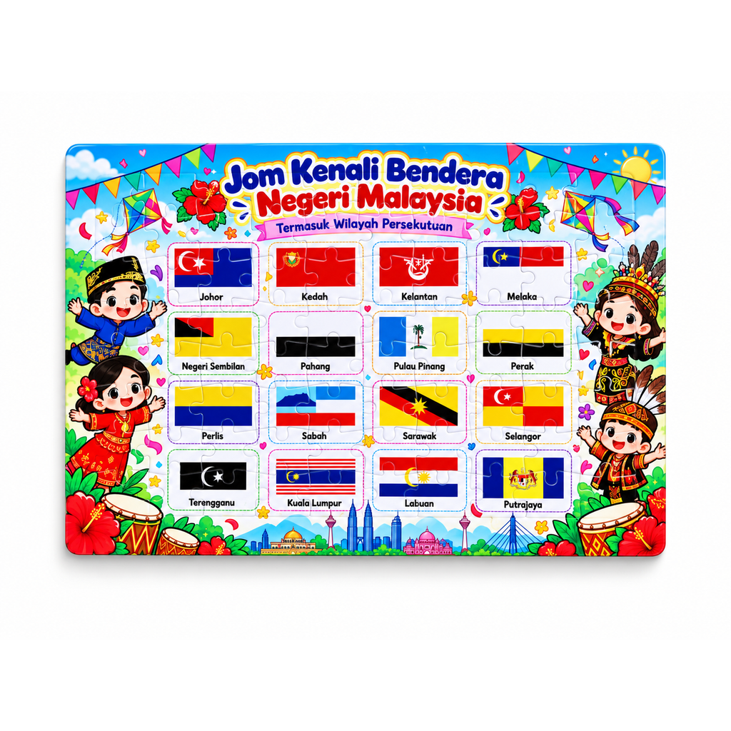 Puzzle Bendera Negeri Malaysia & Wilayah Persekutuan | Jigsaw Puzzle Kanak-Kanak A4 80pcs A5 30pcs | Papan Alas & Glossy