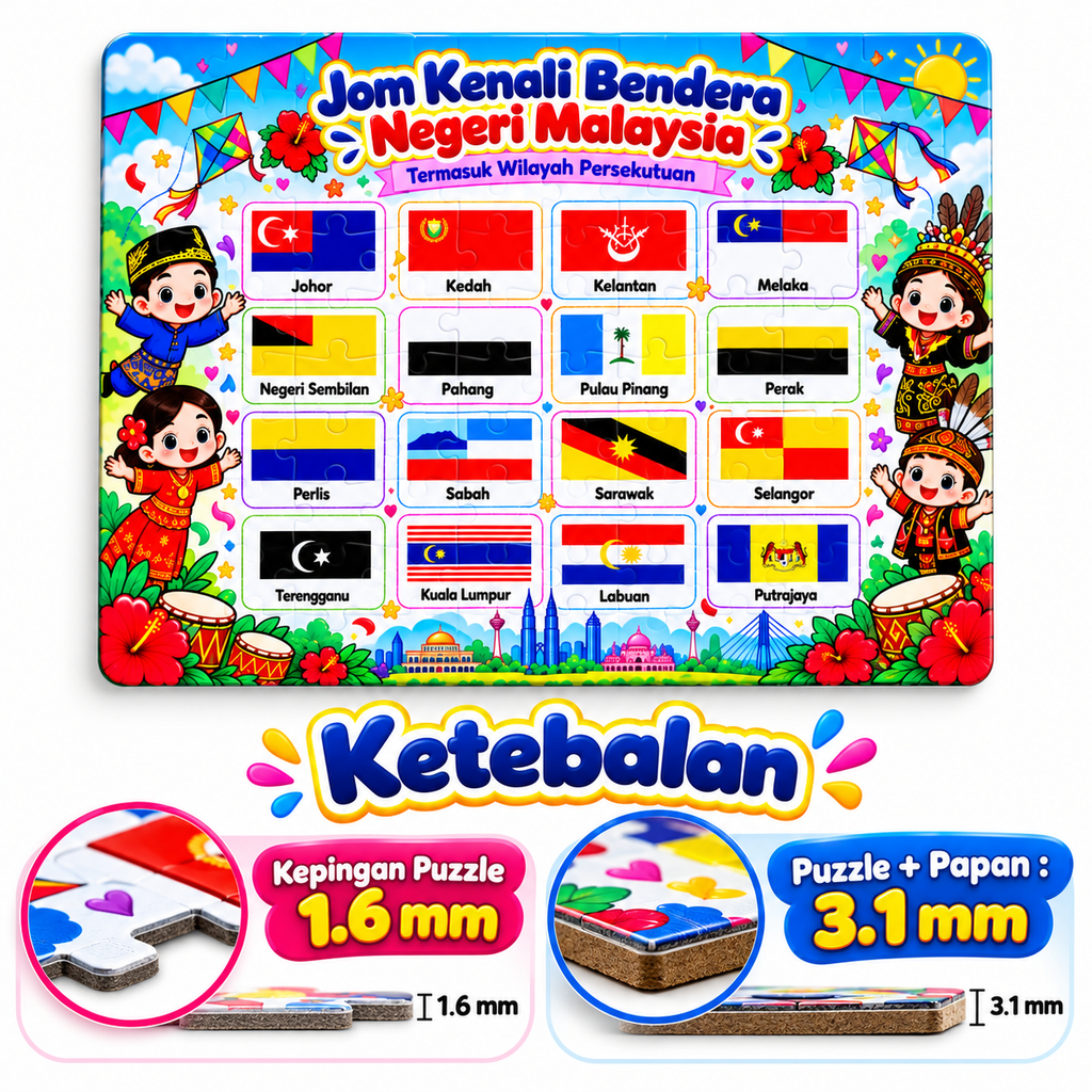 Puzzle Bendera Negeri Malaysia & Wilayah Persekutuan | Jigsaw Puzzle Kanak-Kanak A4 80pcs A5 30pcs | Papan Alas & Glossy