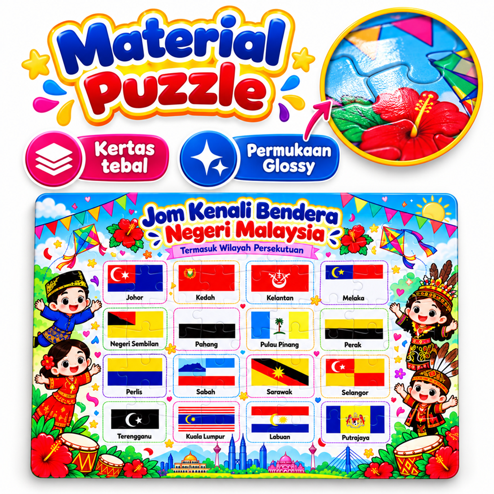 Puzzle Bendera Negeri Malaysia & Wilayah Persekutuan | Jigsaw Puzzle Kanak-Kanak A4 80pcs A5 30pcs | Papan Alas & Glossy
