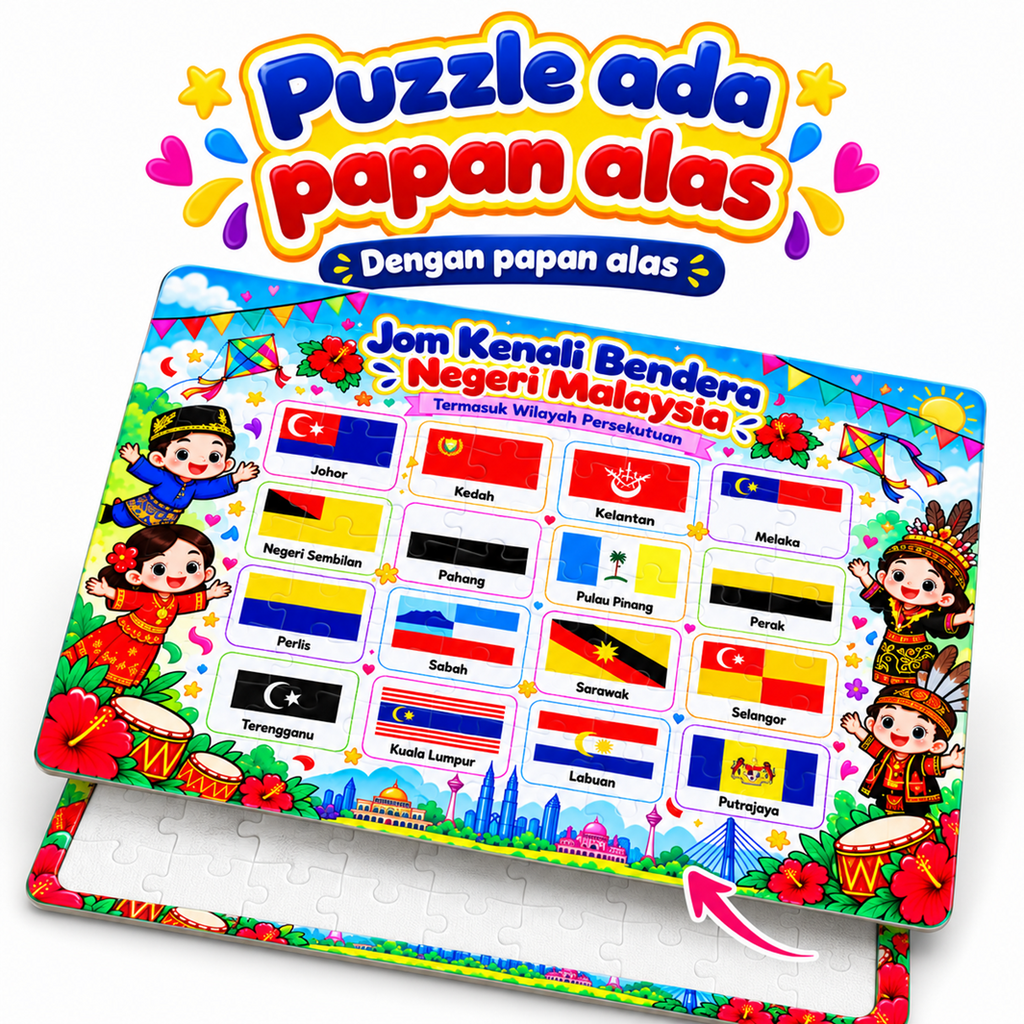 Puzzle Bendera Negeri Malaysia & Wilayah Persekutuan | Jigsaw Puzzle Kanak-Kanak A4 80pcs A5 30pcs | Papan Alas & Glossy