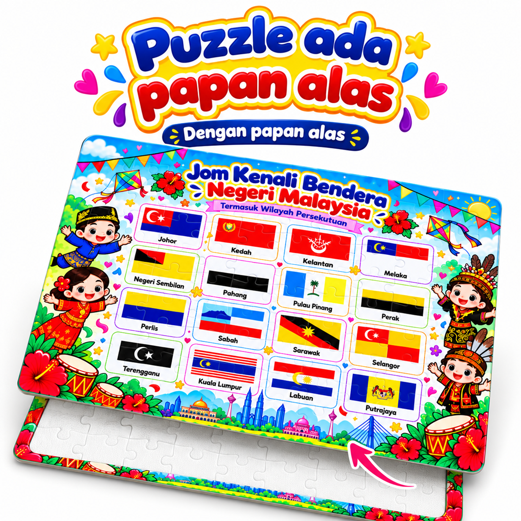 Puzzle Bendera Negeri Malaysia & Wilayah Persekutuan | Jigsaw Puzzle Kanak-Kanak A4 80pcs A5 30pcs | Papan Alas & Glossy