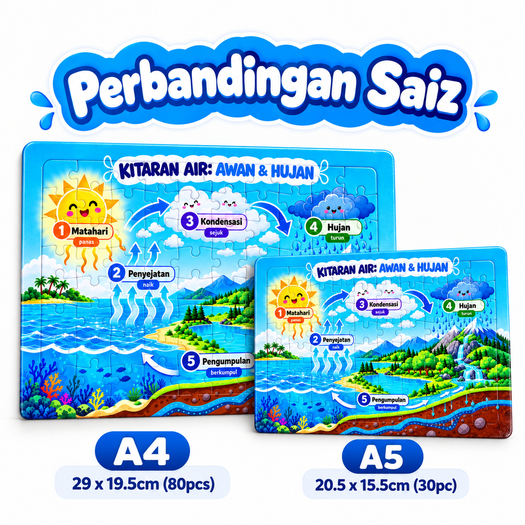 Puzzle Jigsaw Kitaran Air Awan & Hujan Sains Pendidikan Kanak-Kanak Tadika Sekolah A4 80 pcs A5 30 pcs Ada Papan Alas