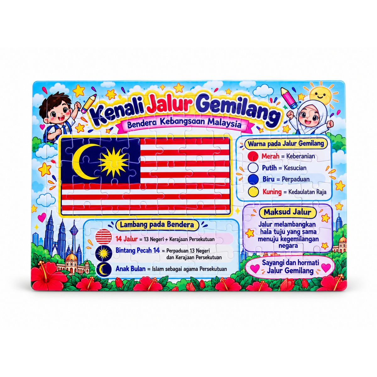 Jigsaw Puzzle Kenali Jalur Gemilang Bendera Malaysia Pendidikan Kanak-Kanak A4 80 pcs A5 30 pcs Dengan Papan Alas Glossy