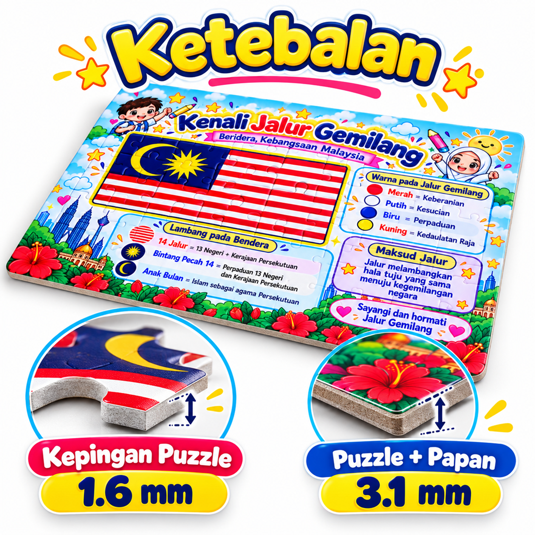 Jigsaw Puzzle Kenali Jalur Gemilang Bendera Malaysia Pendidikan Kanak-Kanak A4 80 pcs A5 30 pcs Dengan Papan Alas Glossy