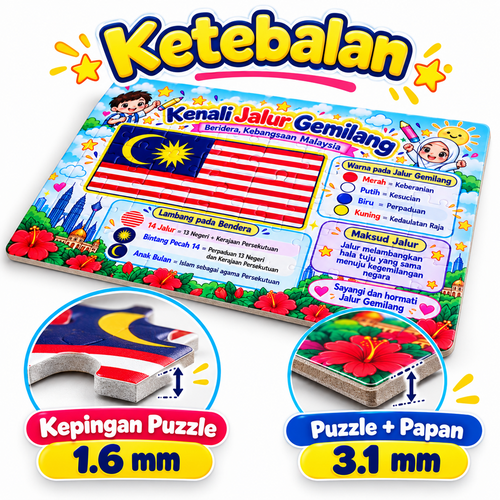 Jigsaw Puzzle Kenali Jalur Gemilang Bendera Malaysia Pendidikan Kanak-Kanak A4 80 pcs A5 30 pcs Dengan Papan Alas Glossy