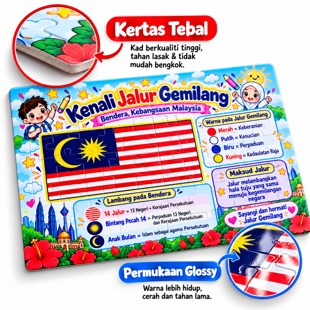 Jigsaw Puzzle Kenali Jalur Gemilang Bendera Malaysia Pendidikan Kanak-Kanak A4 80 pcs A5 30 pcs Dengan Papan Alas Glossy