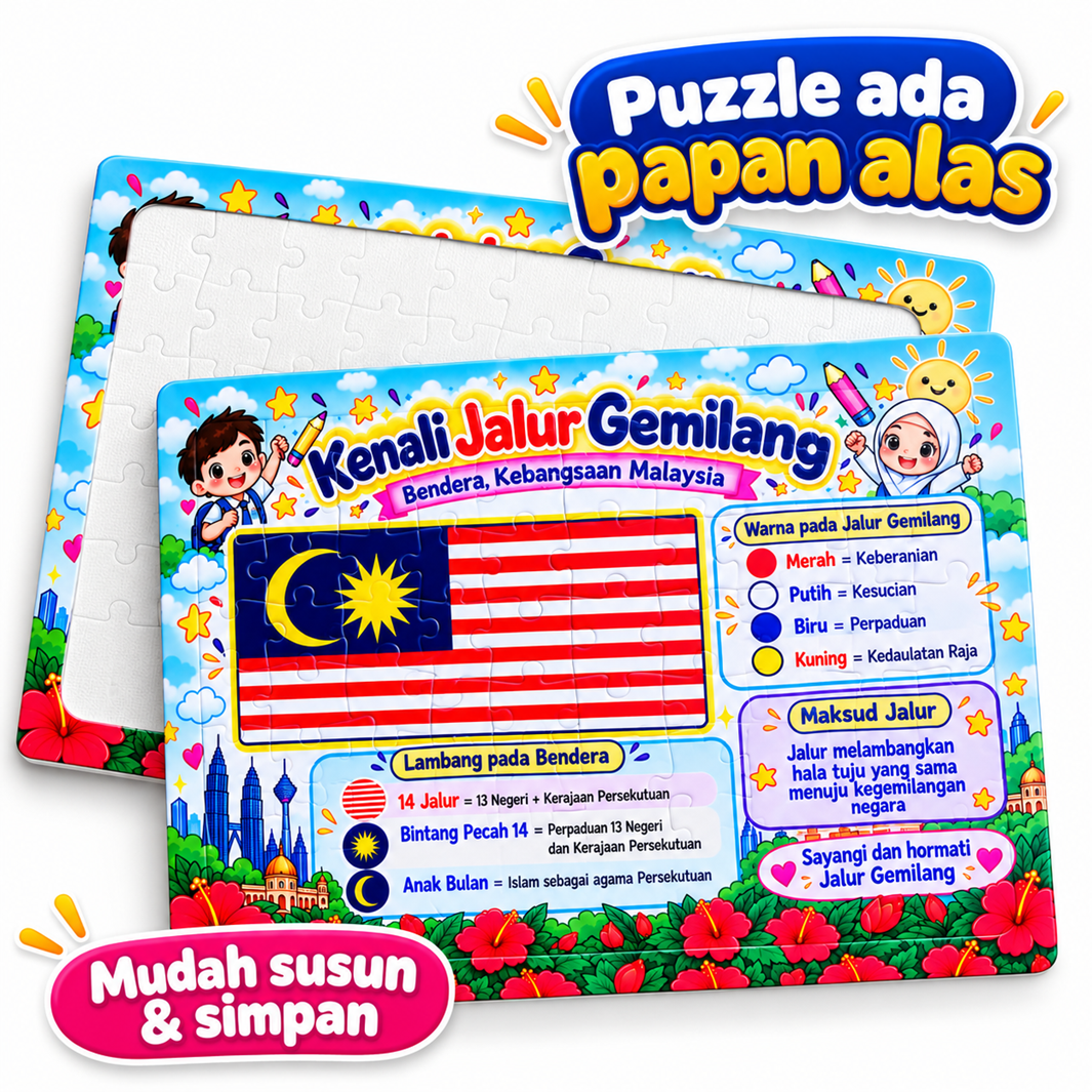 Jigsaw Puzzle Kenali Jalur Gemilang Bendera Malaysia Pendidikan Kanak-Kanak A4 80 pcs A5 30 pcs Dengan Papan Alas Glossy