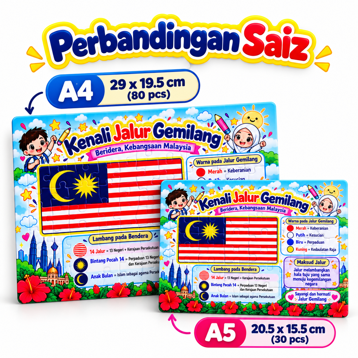 Jigsaw Puzzle Kenali Jalur Gemilang Bendera Malaysia Pendidikan Kanak-Kanak A4 80 pcs A5 30 pcs Dengan Papan Alas Glossy