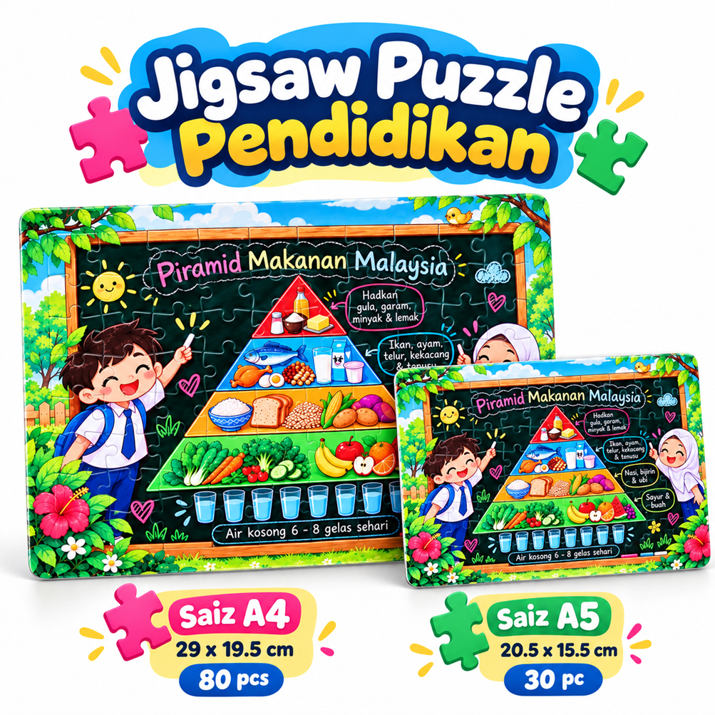 Jigsaw Puzzle Piramid Makanan Malaysia Pendidikan Kanak-Kanak Tadika Prasekolah Sekolah A4 80pcs A5 30pcs Papan Alas DIY