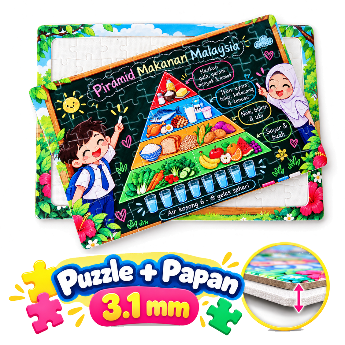 Jigsaw Puzzle Piramid Makanan Malaysia Pendidikan Kanak-Kanak Tadika Prasekolah Sekolah A4 80pcs A5 30pcs Papan Alas DIY