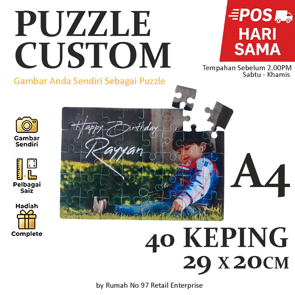 Puzzle Custom Saiz A4 (40 pcs) | 20 x 29cm | Gambar Sendiri | Custom Made