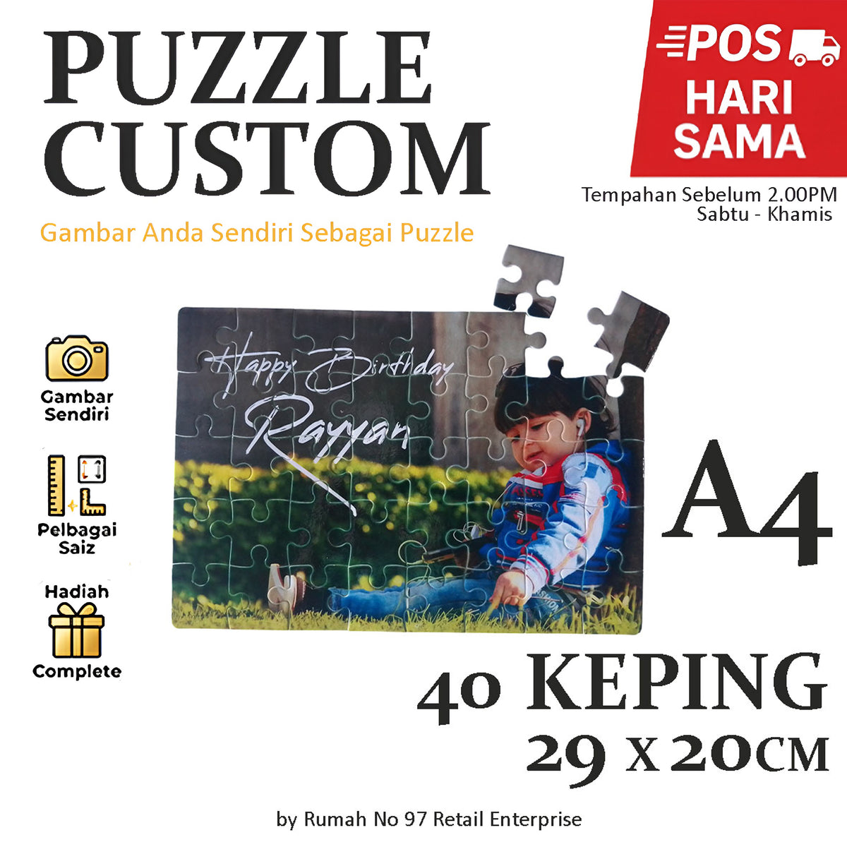 Puzzle Custom Saiz A4 (40 pcs) | 20 x 29cm | Gambar Sendiri | Custom Made