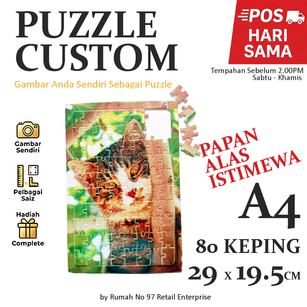 Puzzle Custom Saiz A4 (80 pcs) Papan Alas | 19.5 x 29cm | Gambar Sendiri | Custom Made