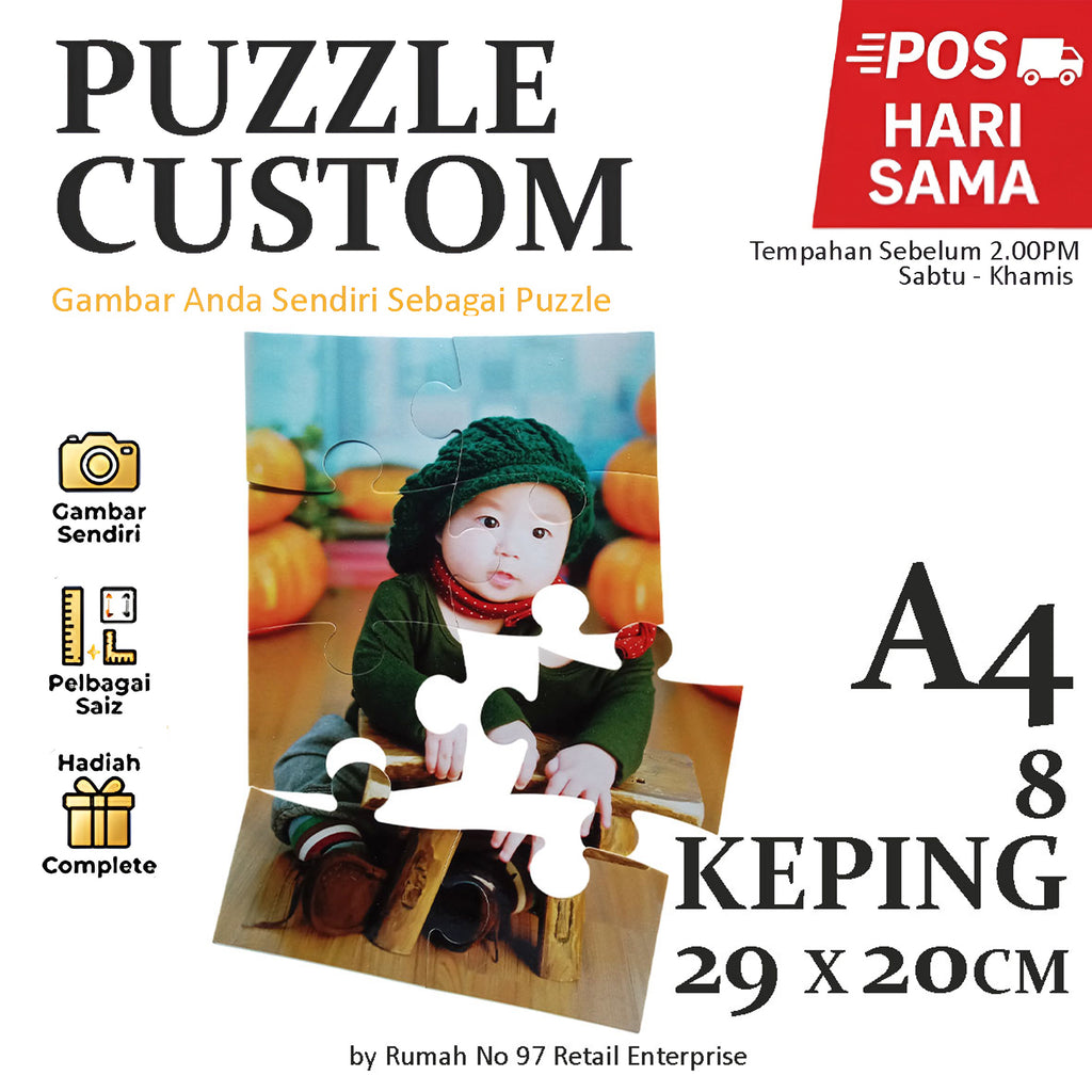 Puzzle Custom Saiz A4 (8 pcs) | 20 x 29cm | Gambar Sendiri | Custom Made