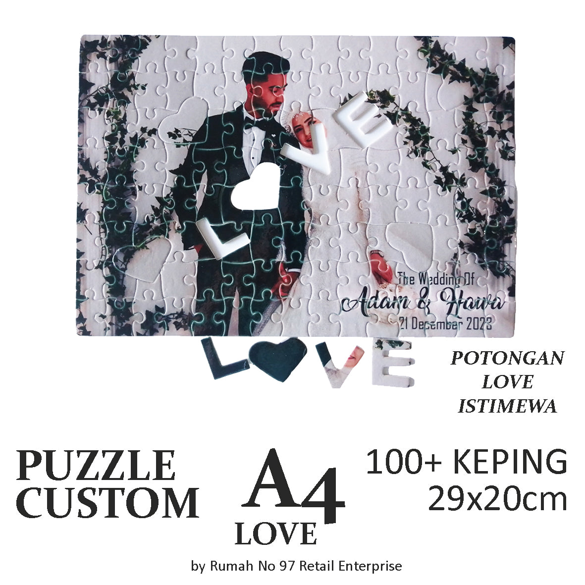 Puzzle Custom Saiz A4 LOVE (100 pcs) | 20 x 29cm | Gambar Sendiri | Custom Made