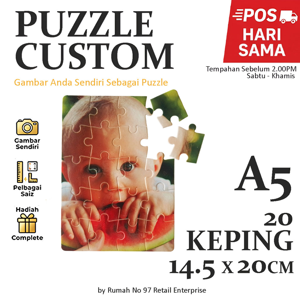 Puzzle Custom Saiz A5 (20 pcs) | 14.5 x 20cm | Gambar Sendiri | Custom Made