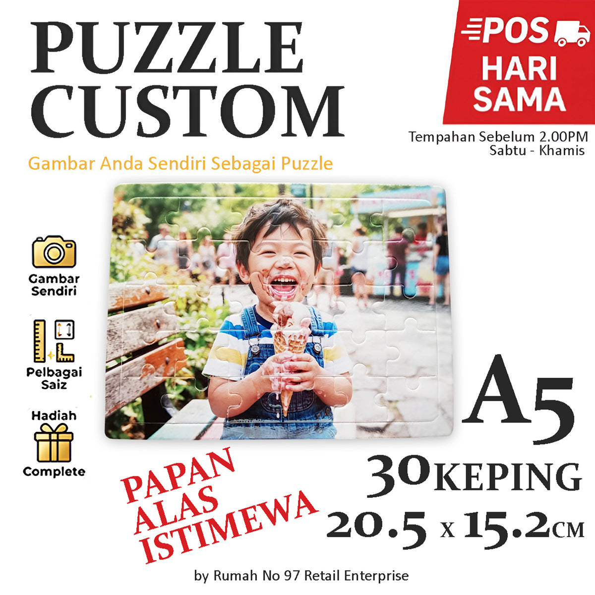 Puzzle Custom Saiz A5 (30 pcs) | 14.5 x 20cm Papan Alas | Gambar Sendiri | Custom Made