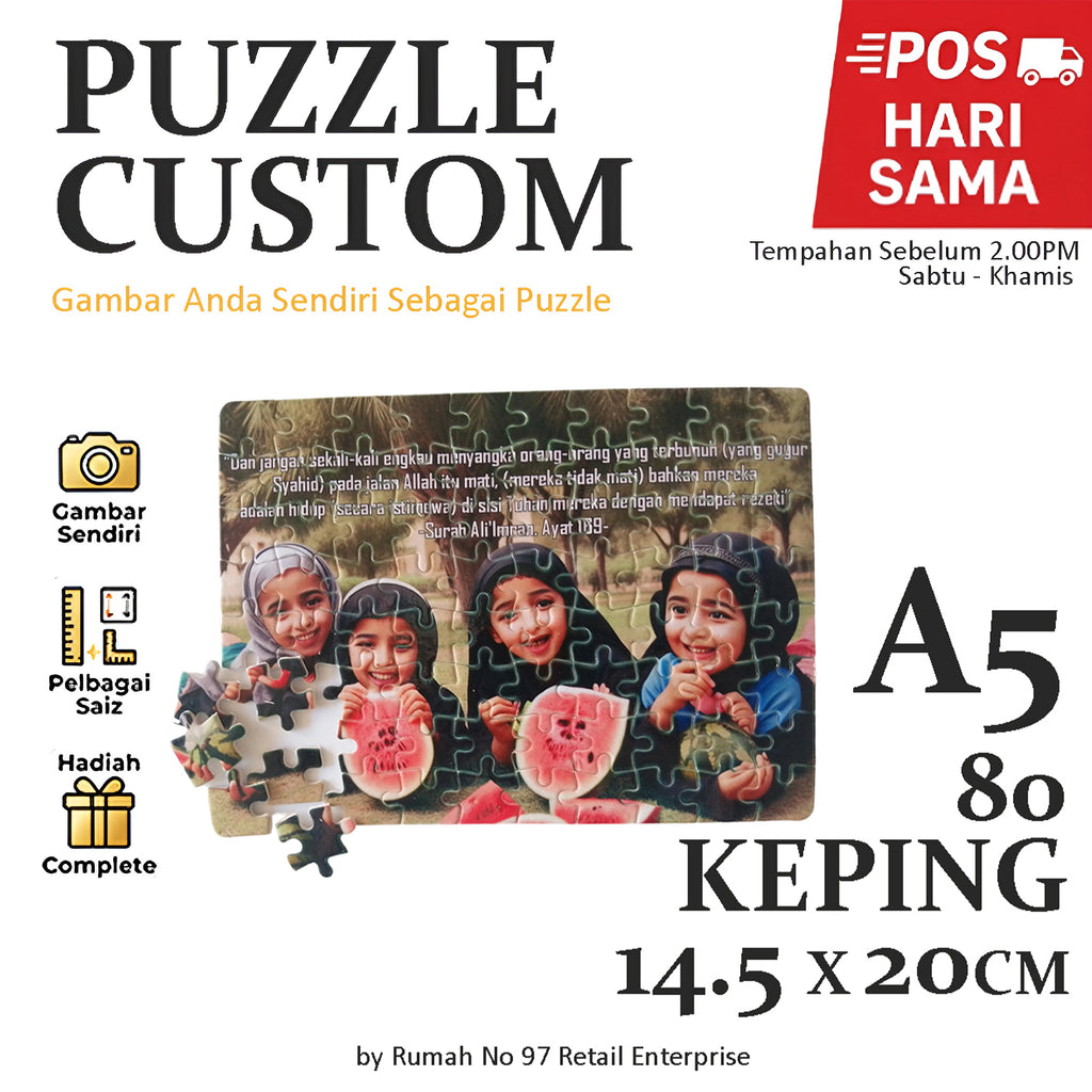 Puzzle Custom Saiz A5 (80 pcs) | 14.5 x 20cm | Gambar Sendiri | Custom Made