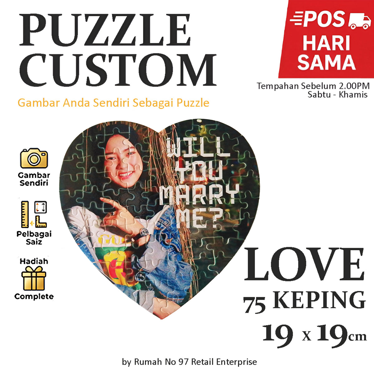 Puzzle Custom Saiz LOVE (75 pcs) | 19 x 19cm | Gambar Sendiri | Custom Made