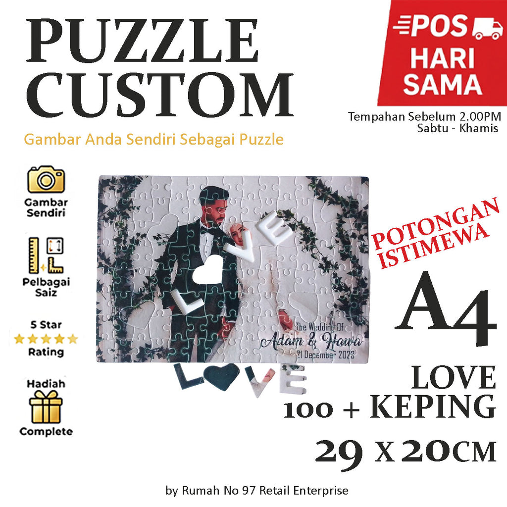 Puzzle Custom Saiz A4 LOVE (100 pcs) | 20 x 29cm | Gambar Sendiri | Custom Made