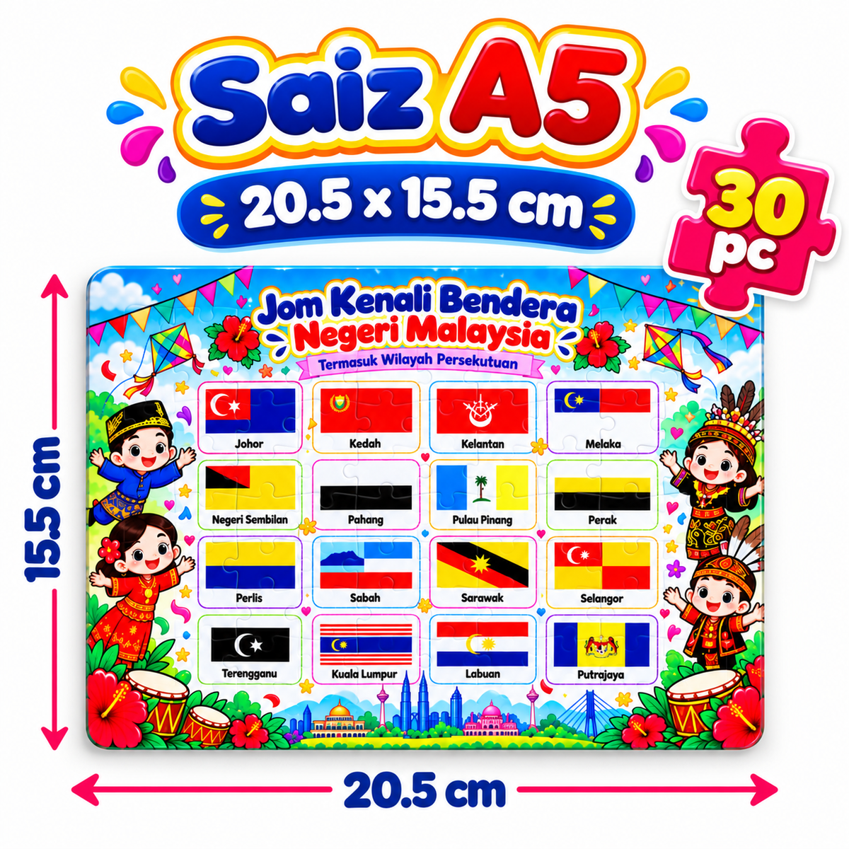 Puzzle Bendera Negeri Malaysia & Wilayah Persekutuan | Jigsaw Puzzle Kanak-Kanak A4 80pcs A5 30pcs | Papan Alas & Glossy