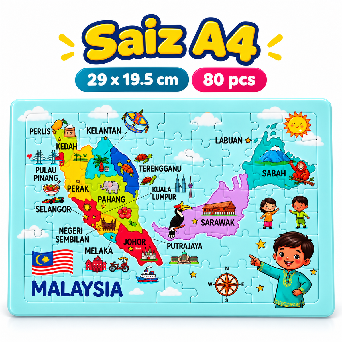 Puzzle Peta Malaysia Kanak-Kanak | Jigsaw Puzzle Pendidikan Negeri-Negeri Malaysia | Mainan Edukasi Belajar Geografi