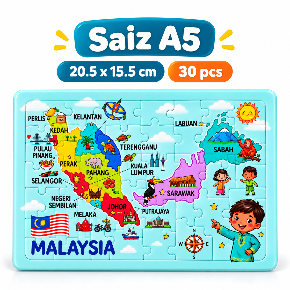 Puzzle Peta Malaysia Kanak-Kanak | Jigsaw Puzzle Pendidikan Negeri-Negeri Malaysia | Mainan Edukasi Belajar Geografi