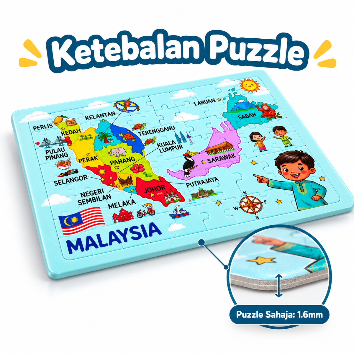Puzzle Peta Malaysia Kanak-Kanak | Jigsaw Puzzle Pendidikan Negeri-Negeri Malaysia | Mainan Edukasi Belajar Geografi