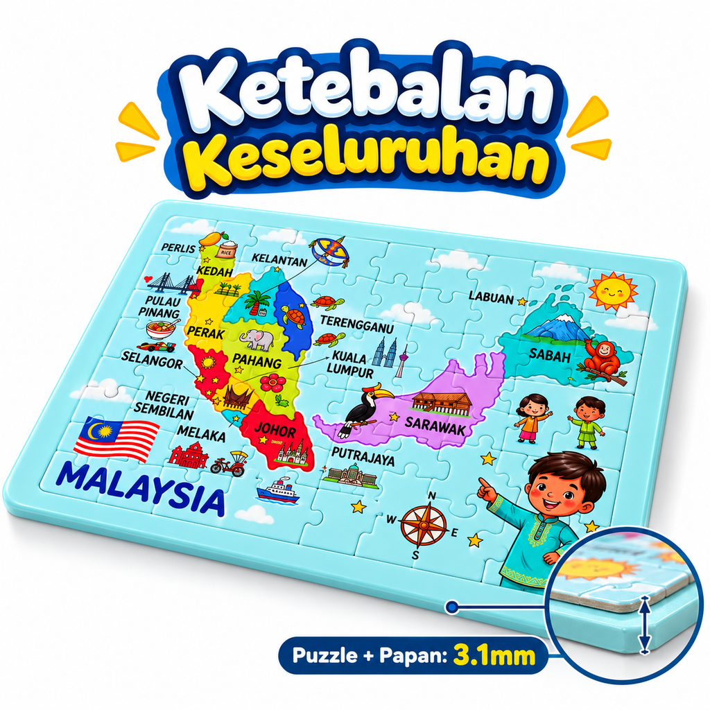 Puzzle Peta Malaysia Kanak-Kanak | Jigsaw Puzzle Pendidikan Negeri-Negeri Malaysia | Mainan Edukasi Belajar Geografi