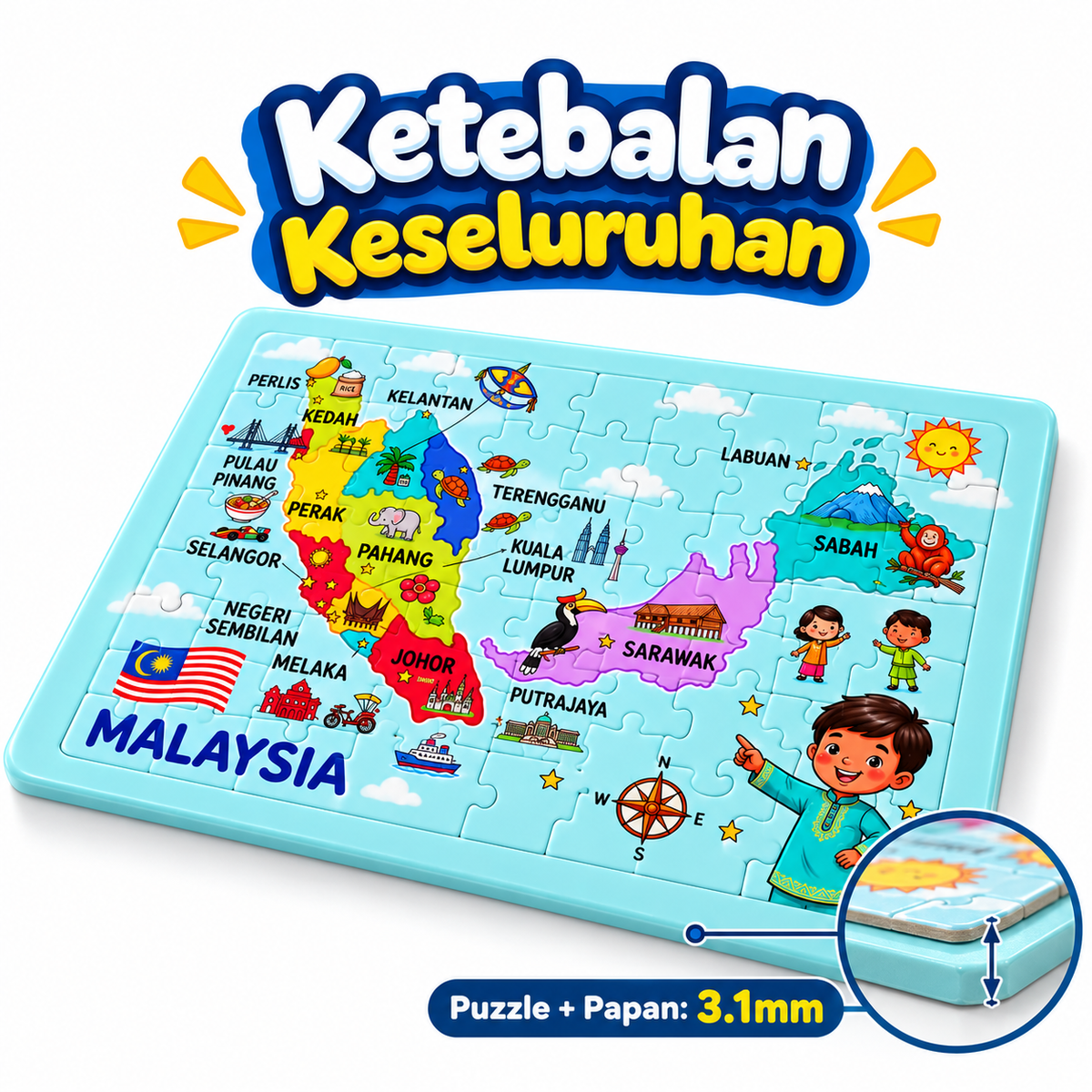 Puzzle Peta Malaysia Kanak-Kanak | Jigsaw Puzzle Pendidikan Negeri-Negeri Malaysia | Mainan Edukasi Belajar Geografi