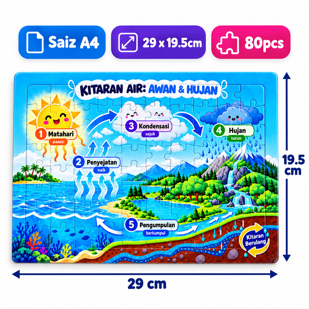 Puzzle Jigsaw Kitaran Air Awan & Hujan Sains Pendidikan Kanak-Kanak Tadika Sekolah A4 80 pcs A5 30 pcs Ada Papan Alas