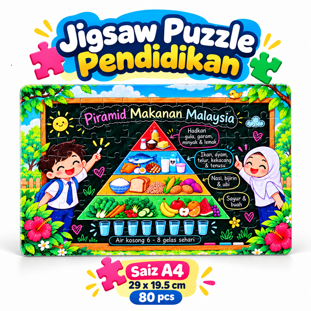 Jigsaw Puzzle Piramid Makanan Malaysia Pendidikan Kanak-Kanak Tadika Prasekolah Sekolah A4 80pcs A5 30pcs Papan Alas DIY