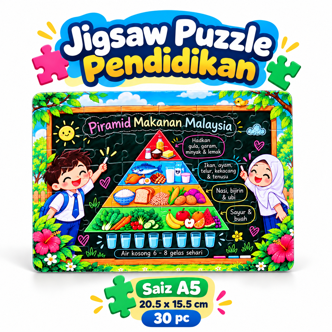 Jigsaw Puzzle Piramid Makanan Malaysia Pendidikan Kanak-Kanak Tadika Prasekolah Sekolah A4 80pcs A5 30pcs Papan Alas DIY